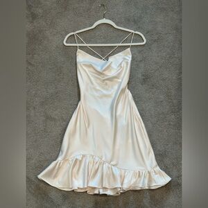 Satin Cowl Neck Mini Dress with Ruffle Hem - Cream